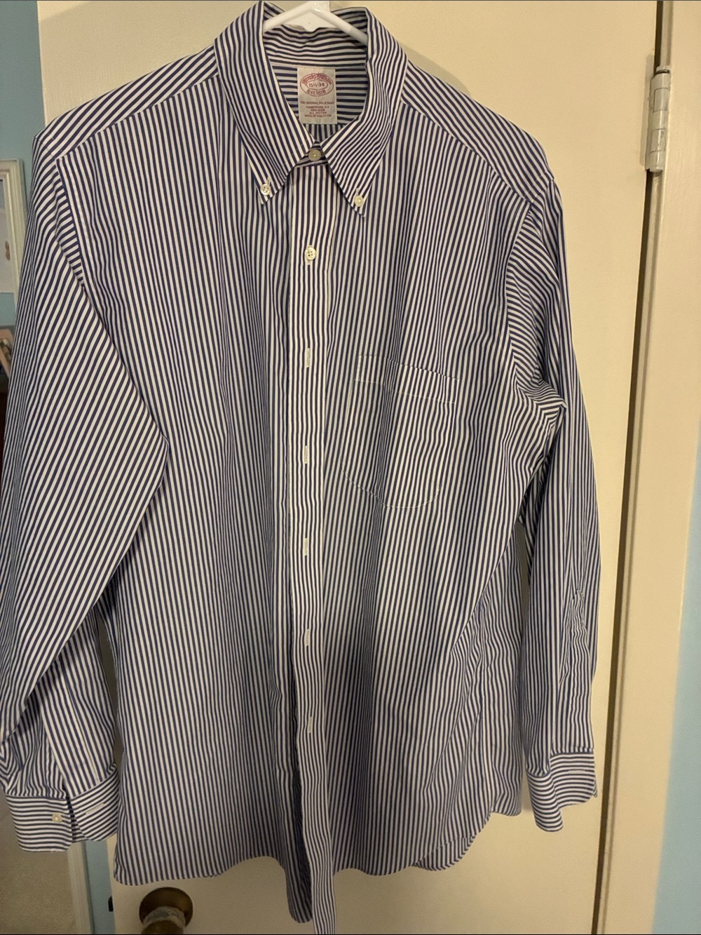 Brooks Brothers Navy and White Vertical Stripe Button-Down Shirt